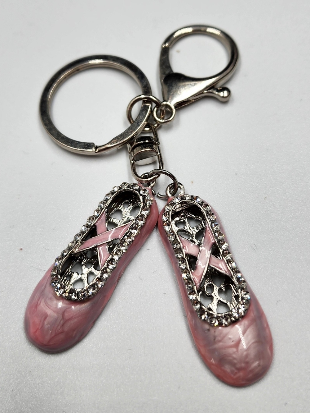 Crystal Ballet Slippers Purse Charm Keychain Pink Silver Tone Mothers Day Gift